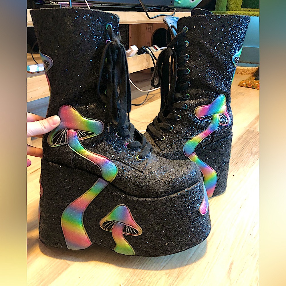 Black glitter and multicoloured chrome 6 inched Club Exx platform boots
